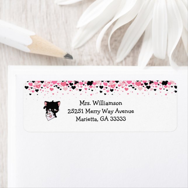 Kawaii Cat Heart Confetti Valentine Return Address (Insitu)