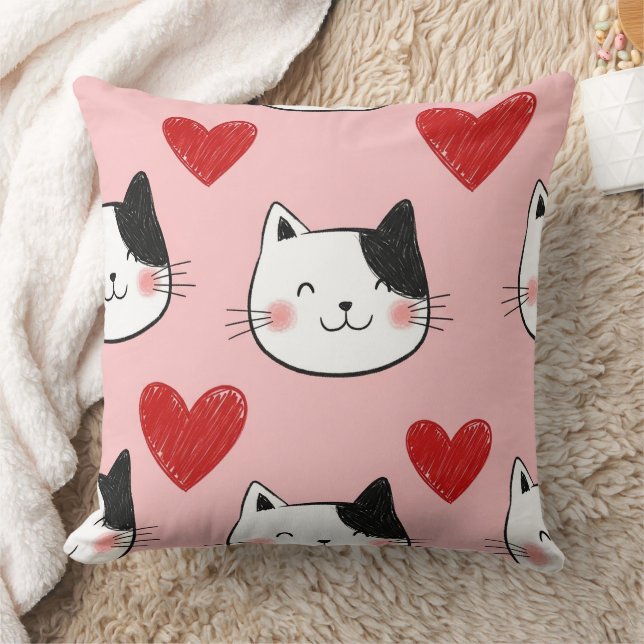 Kawaii Cat & Hearts Valentine Pattern (10) Throw Pillow (Blanket)