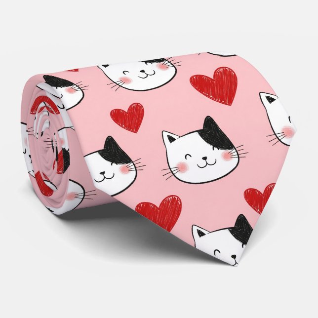 Kawaii Cat & Hearts Valentine Pattern (10) Tie (Rolled)