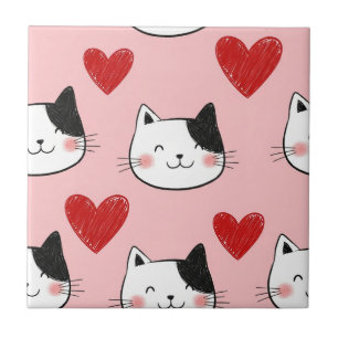 Kawaii Cat & Hearts Valentine Pattern (10) Tile