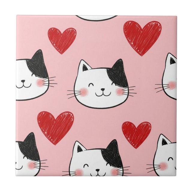 Kawaii Cat & Hearts Valentine Pattern (10) Tile (Front)