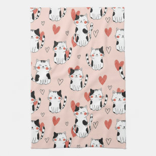Kawaii Cat & Hearts Valentine Pattern (11) Kitchen Towel