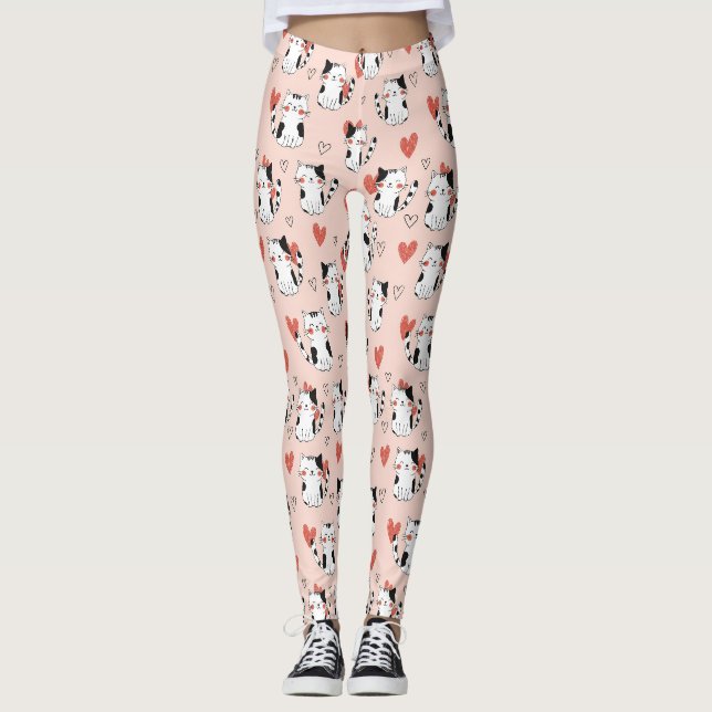 Kawaii Cat & Hearts Valentine Pattern (11) Leggings (Front)