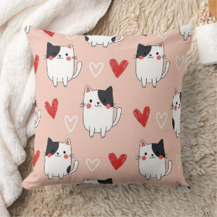 Kawaii Cat & Hearts Valentine Pattern (1) Throw Pillow
