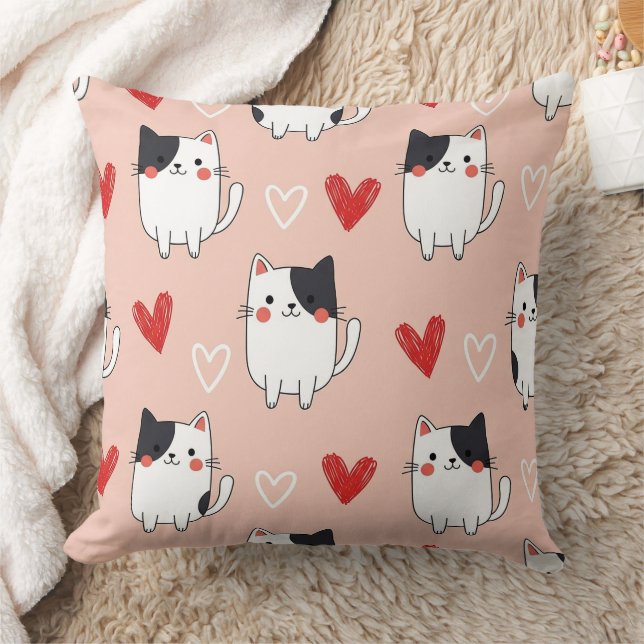 Kawaii Cat & Hearts Valentine Pattern (1) Throw Pillow (Blanket)