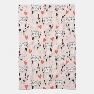 Kawaii Cat & Hearts Valentine Pattern (2) Kitchen Towel