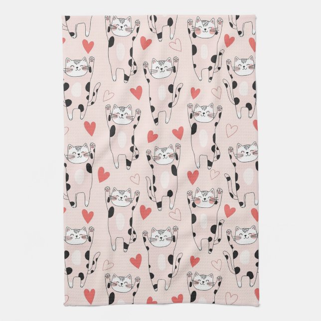 Kawaii Cat & Hearts Valentine Pattern (2) Kitchen Towel (Vertical)