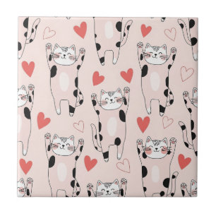 Kawaii Cat & Hearts Valentine Pattern (2) Tile