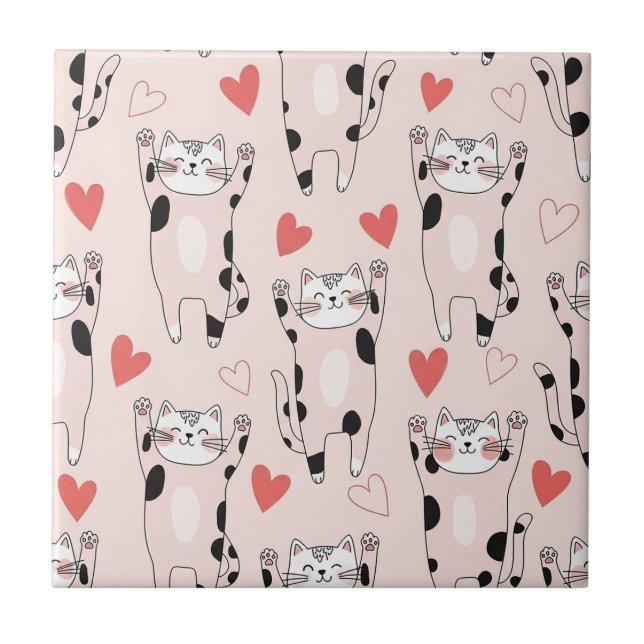 Kawaii Cat & Hearts Valentine Pattern (2) Tile (Front)