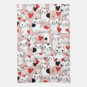 Kawaii Cat & Hearts Valentine Pattern (3) Kitchen Towel