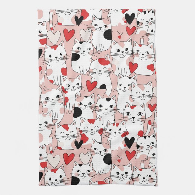 Kawaii Cat & Hearts Valentine Pattern (3) Kitchen Towel (Vertical)