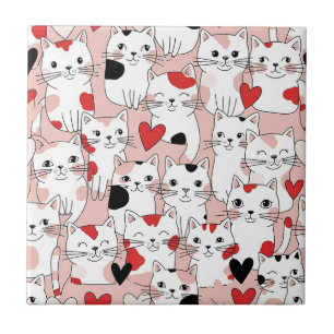 Kawaii Cat & Hearts Valentine Pattern (3) Tile