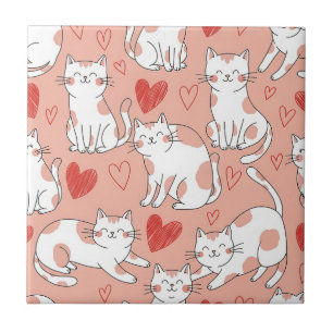 Kawaii Cat & Hearts Valentine Pattern (4) Tile
