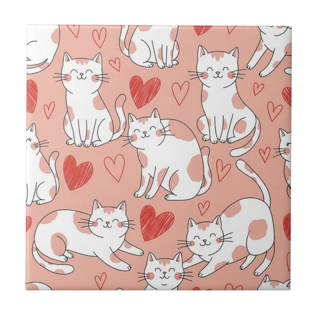 Kawaii Cat & Hearts Valentine Pattern (4) Tile (Front)