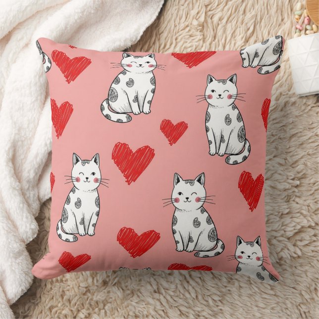 Kawaii Cat & Hearts Valentine Pattern (5) Throw Pillow (Blanket)
