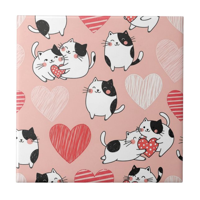 Kawaii Cat & Hearts Valentine Pattern (6) Tile (Front)
