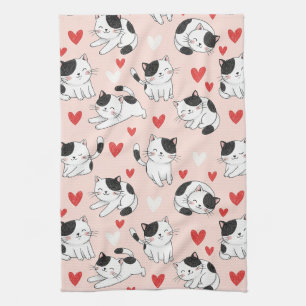 Kawaii Cat & Hearts Valentine Pattern (7) Kitchen Towel