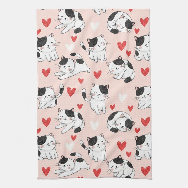Kawaii Cat & Hearts Valentine Pattern (7) Kitchen Towel (Vertical)
