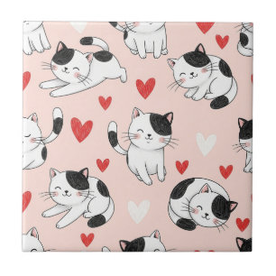 Kawaii Cat & Hearts Valentine Pattern (7) Tile