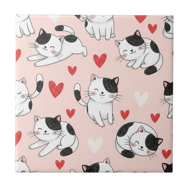 Kawaii Cat & Hearts Valentine Pattern (7) Tile (Front)