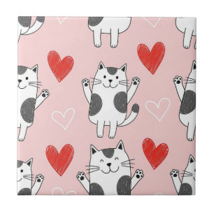 Kawaii Cat & Hearts Valentine Pattern (9) Tile