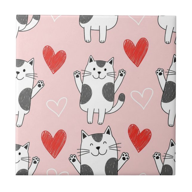 Kawaii Cat & Hearts Valentine Pattern (9) Tile (Front)
