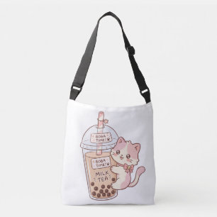 Kawaii Cat Hugging Bubble Milk Tea   Cute Boba Tea Crossbody Bag
