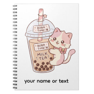Kawaii Cat Hugging Bubble Milk Tea | Cute Boba Tea Notebook