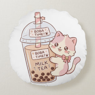 Kawaii Cat Hugging Bubble Milk Tea   Cute Boba Tea Round Pillow