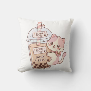 Kawaii Cat Hugging Bubble Milk Tea   Cute Boba Tea Throw Pillow