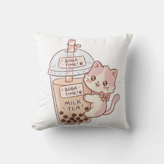 Kawaii Cat Hugging Bubble Milk Tea | Cute Boba Tea Throw Pillow