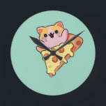 Kawaii Cat Hugging Pepperoni Pizza Cartoon Round Clock<br><div class="desc">cute cat,  art , pizza lover gift kawaii food funny kitten cartoon pepperoni pizza slice food humor cat mom gift anime style animal happy vibes food art</div>