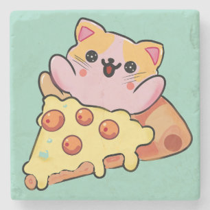 Kawaii Cat Hugging Pepperoni Pizza Cartoon Stone Coaster