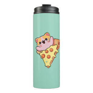 Kawaii Cat Hugging Pepperoni Pizza Cartoon Thermal Tumbler