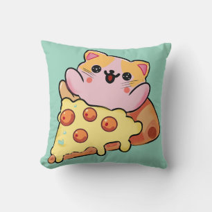 Kawaii Cat Hugging Pepperoni Pizza Cartoon Throw Pillow