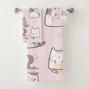 Kawaii Cat in a Pink Background Bath Towel Set