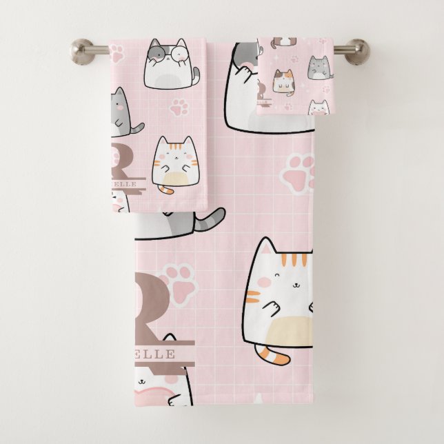 Kawaii Cat in a Pink Background Bath Towel Set (Insitu)