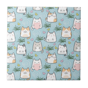 Kawaii Cat in a Sky Blue Background Tile