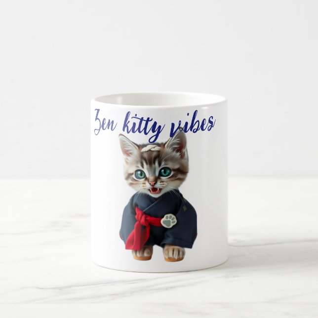 😻 Kawaii Cat in Blue Kimono - Japanese Style Art Coffee Mug (Center)