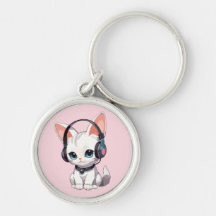 Kawaii Cat in Trendy Headphones Keychain