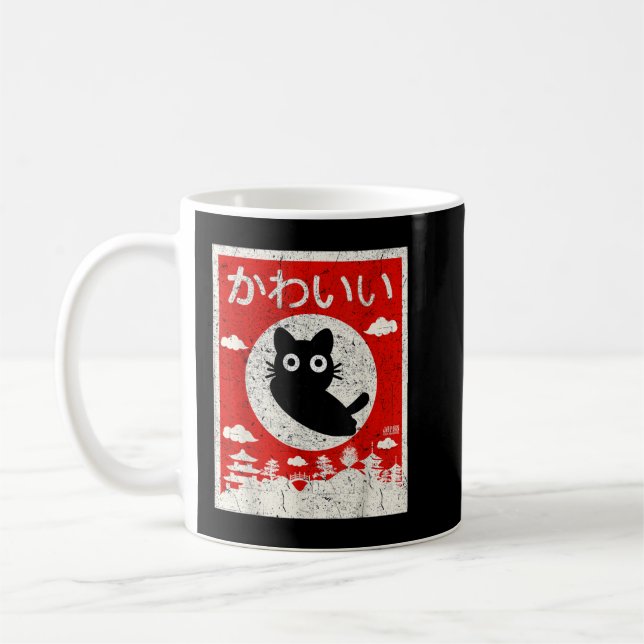 Kawaii Cat Japanese Black Anime Cat Love Retro Vin Coffee Mug (Left)