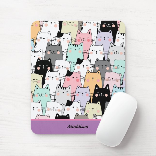 Kawaii Cat Pattern Customizable Name  Mouse Pad (With Mouse)