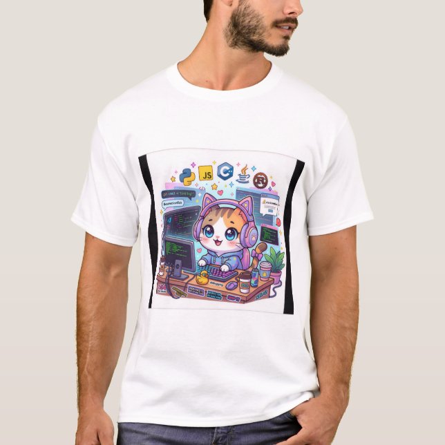 Kawaii Cat Programmer T-Shirt | Cute Coding Cat An (Front)