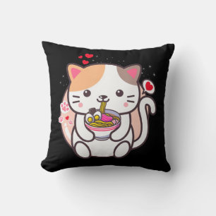 Kawaii Cat Ramen Anime Japanese Food Girls Officia Throw Pillow