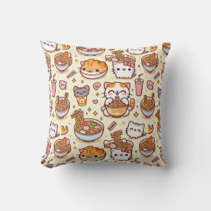 Kawaii Cat Ramen Time Throw Pillow