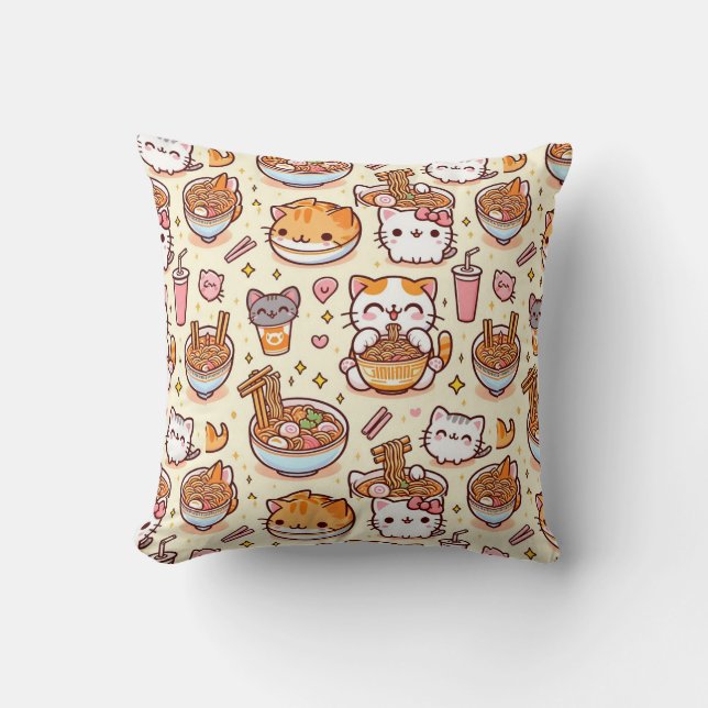 Kawaii Cat Ramen Time Throw Pillow (Front)