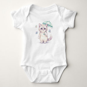 Kawaii Cat Under Umbrella, by Natasha Us Baby Bodysuit