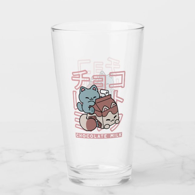 Kawaii Cat with Chocolate Milk – Japanese Pop Art  Glass (Front)