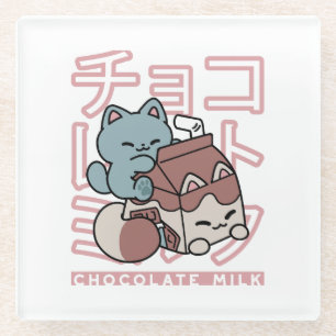 Kawaii Cat with Chocolate Milk – Japanese Pop Art Glass Coaster