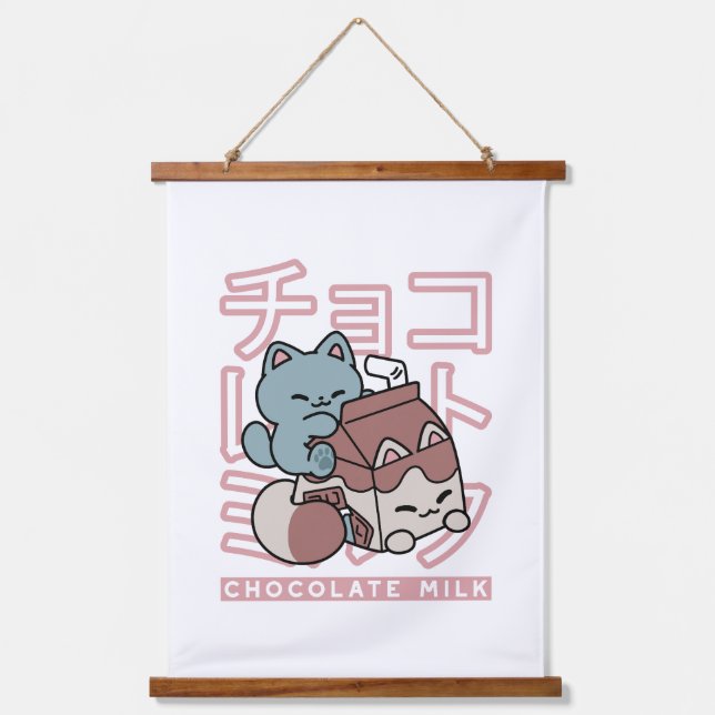 Kawaii Cat with Chocolate Milk – Japanese Pop Art  Hanging Tapestry (Front)